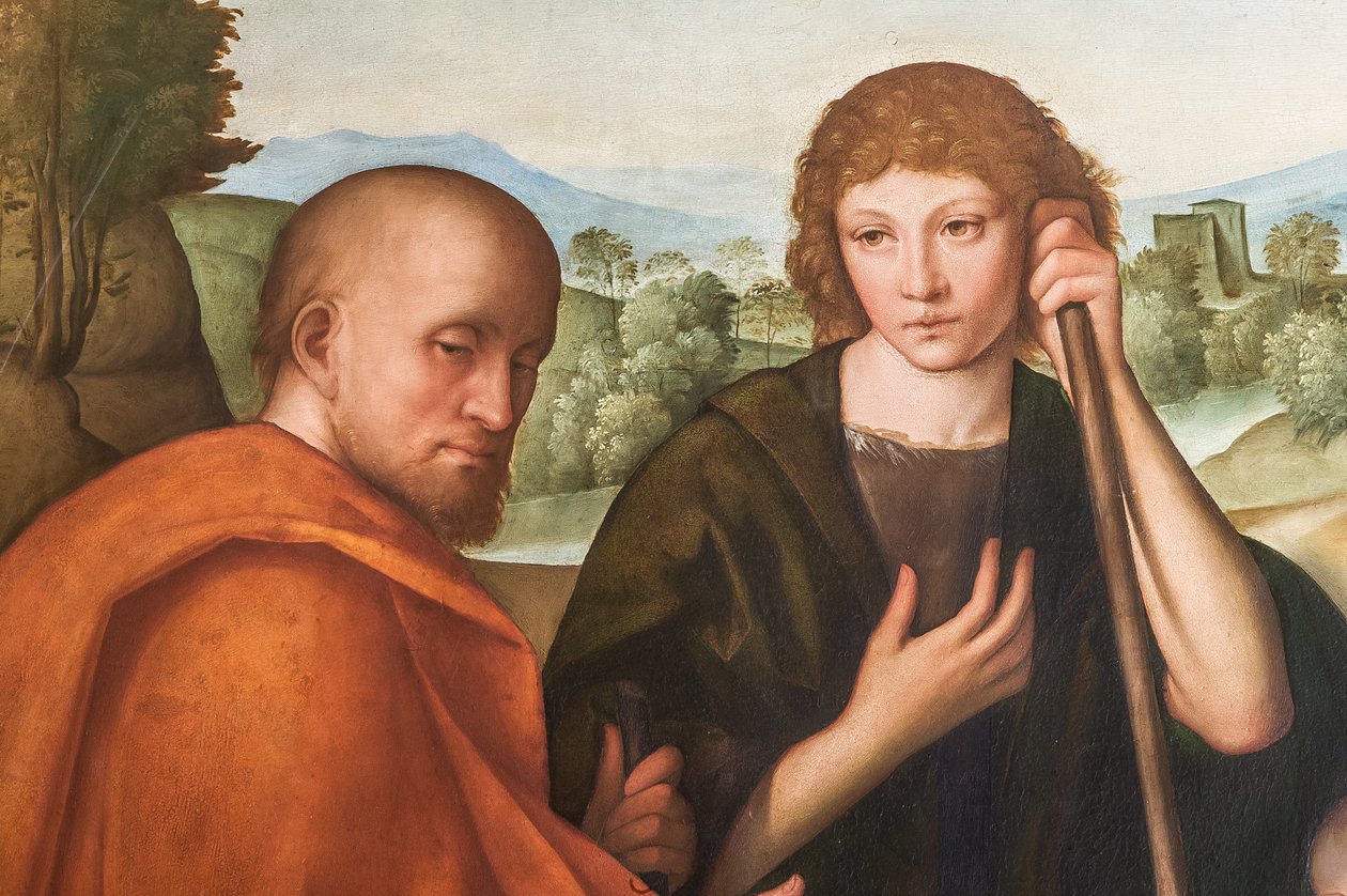 Adorazione dei pastori, Madonna con Bambino Gesù e due pastori (dettaglio) da Boccaccio Boccaccino
