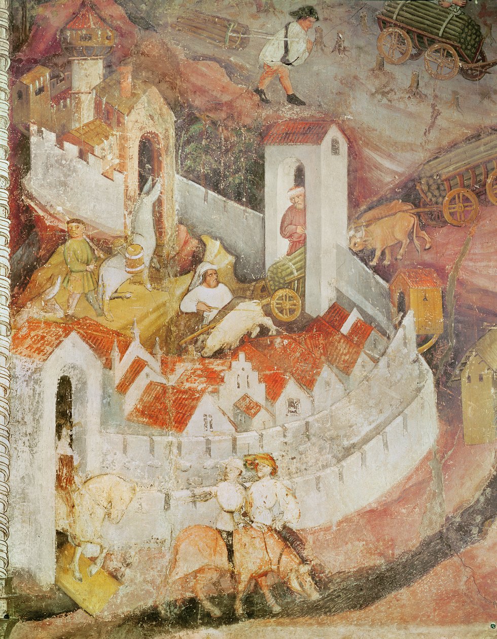 Il Mese di Dicembre, dettaglio del trasporto dei tronchi, c.1400 da Bohemian School