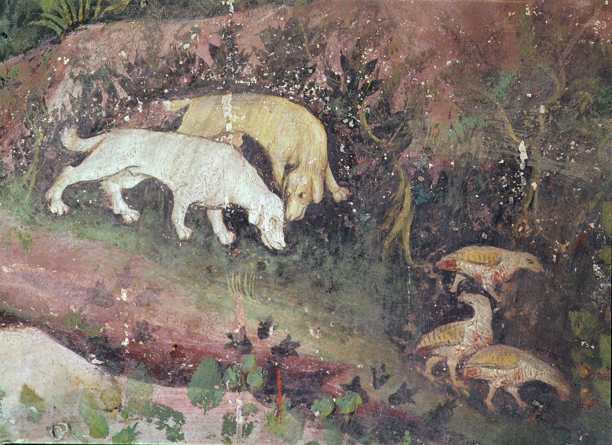 Il mese di giugno, dettaglio di cani e pernici da Bohemian School