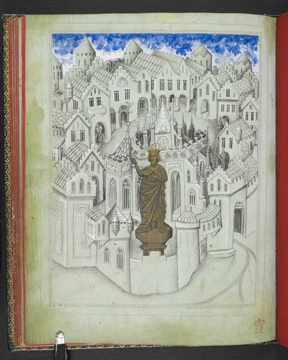 Add 24189, f.9v, La città di Costantinopoli, con una grande statua dell