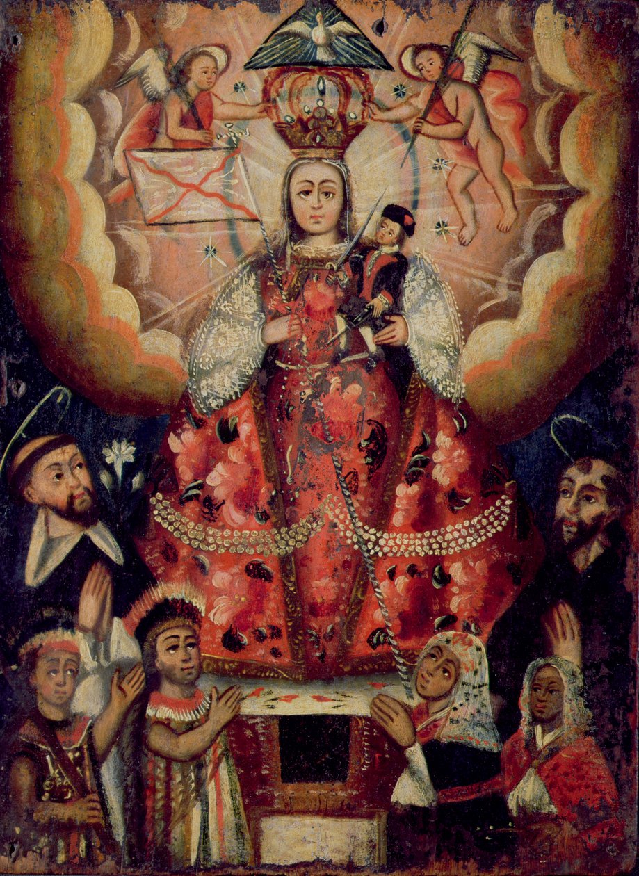 Madonna con Bambino, San Domenico, San Francesco e adoratori nativi americani da Bolivian School