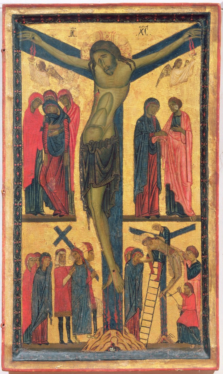 La Crocifissione con Sante donne, piangenti, Cristo sulla Via del Calvario e la Deposizione, pannello destro di un dittico da Bonaventura Berlinghieri
