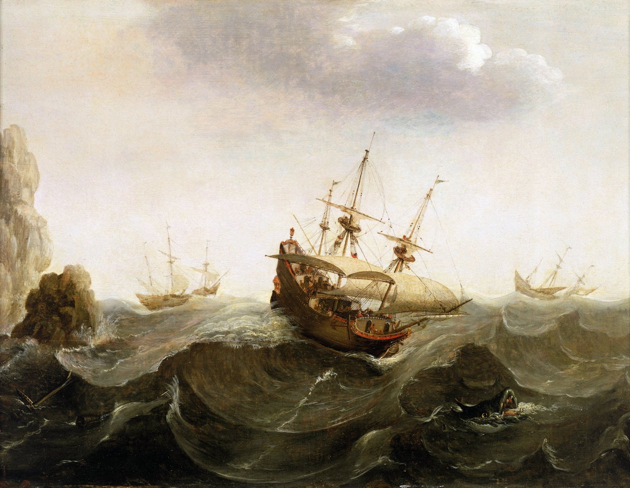 Nave mercantile olandese per le Indie Orientali lascia passare due barche da pesca di aringhe (metà del XVII secolo) da Bonaventura Peeters