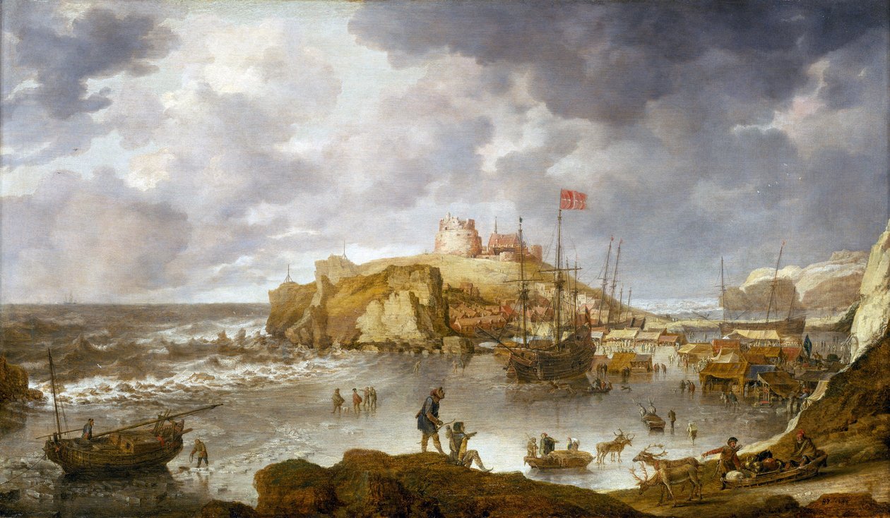 Il porto di Arcangelo, parzialmente ghiacciato, con una nave che porta la bandiera danese da Bonaventura Peeters