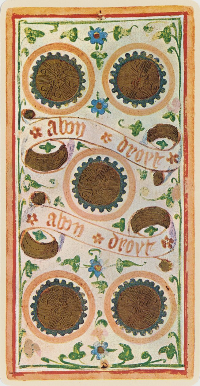 Il Cinque di Denari, facsimile di una carta dei tarocchi dal mazzo 