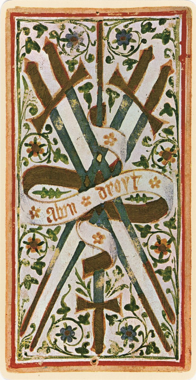 Il cinque di spade, facsimile di una carta dei tarocchi dal mazzo 