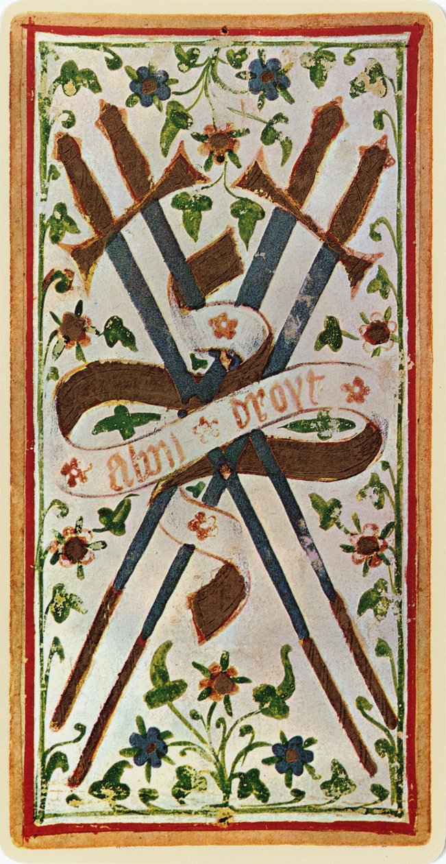 Il Quattro di Spade, facsimile di una carta dei tarocchi dal mazzo 