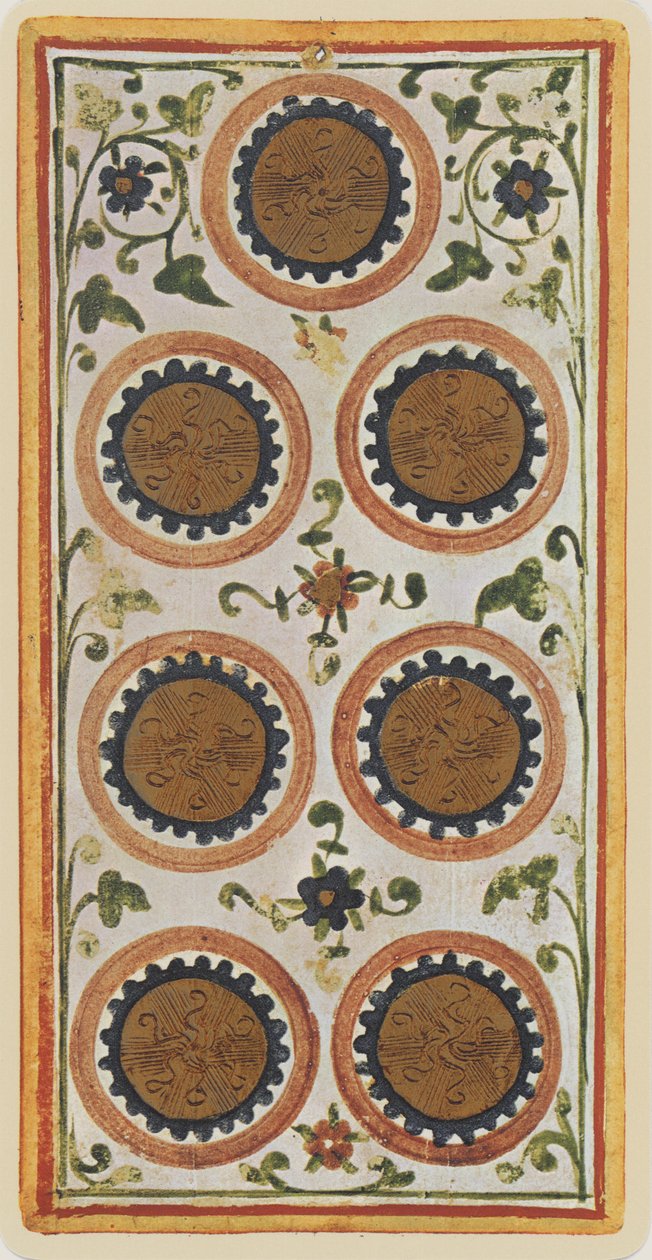 I Sette di Denari, facsimile di una carta dei tarocchi dal mazzo 