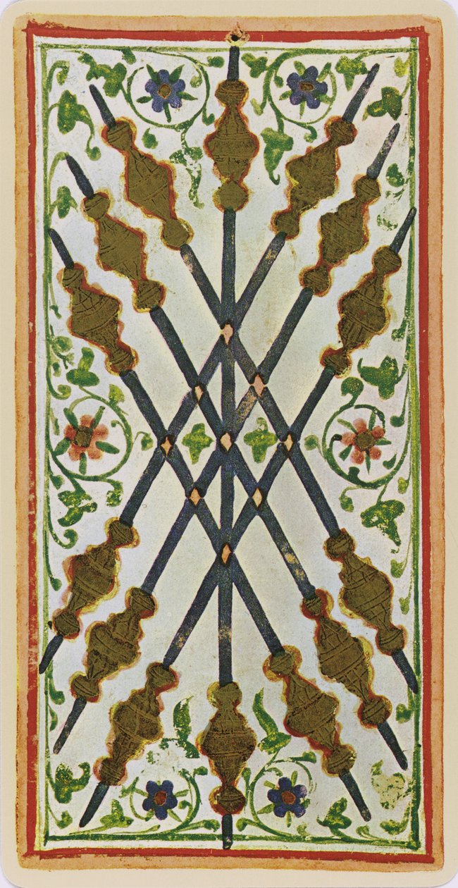 Il sette di bastoni, facsimile di una carta dei tarocchi dal mazzo 