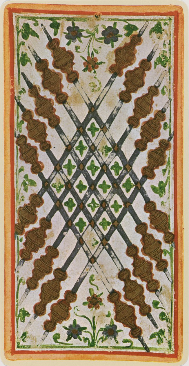 Dieci di Bastoni, facsimile di una carta dei tarocchi dal mazzo 