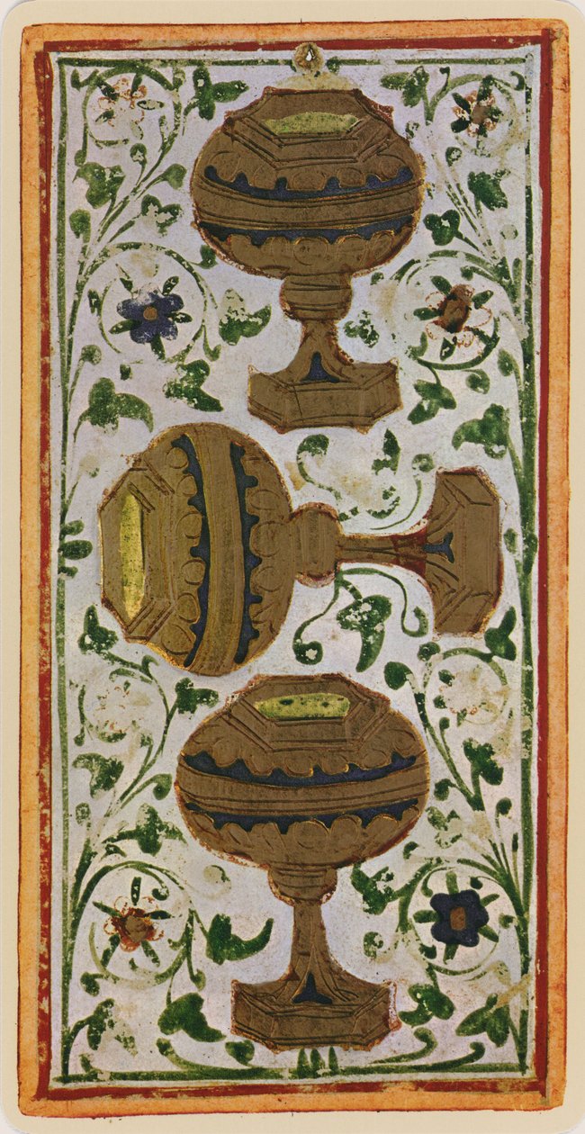 I Tre di Coppe, facsimile di una carta dei tarocchi dal mazzo 