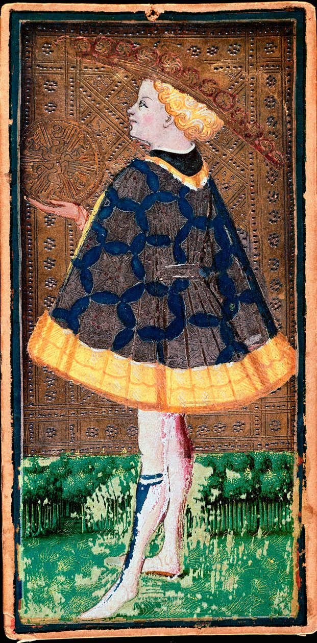 Carta del Valet de denier. Mappa del gioco dei Tarocchi realizzata da Bonifacio Bembo (1420-1482) per Filippo Maria Visconti, circa 1440. Bergamo. Galleria dell