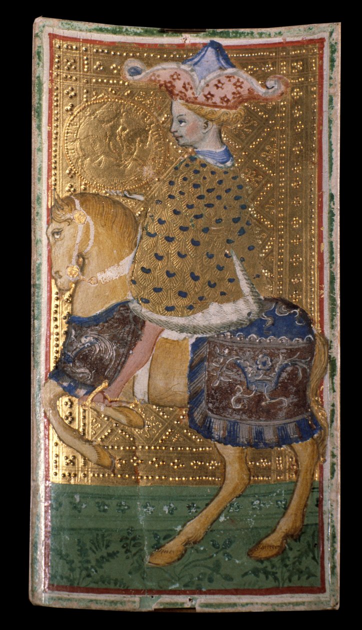 Tarocchi Visconti-Sforza: il cavallo di denari da Bonifacio Bembo