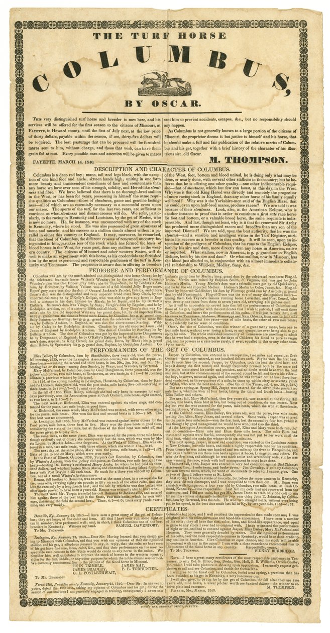 Manifesto del cavallo da monta che offre il cavallo da corsa Columbus, Fayette, Mo., 14 marzo 1840 da Boon Democrat