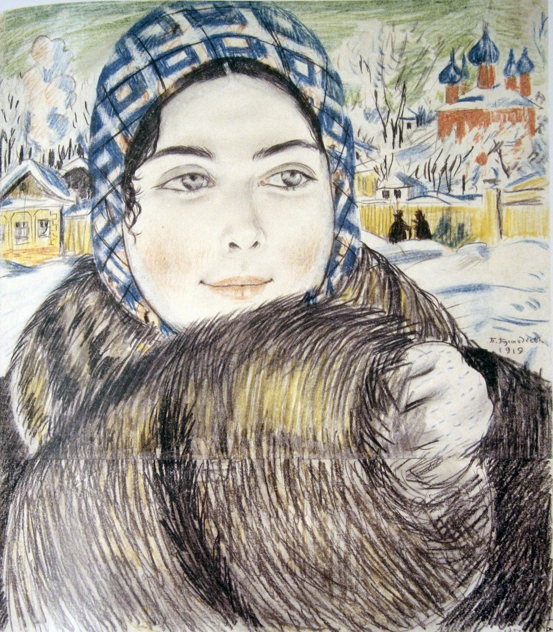 La moglie di un giovane mercante con una sciarpa a quadri da Boris Mikhailovich Kustodiev