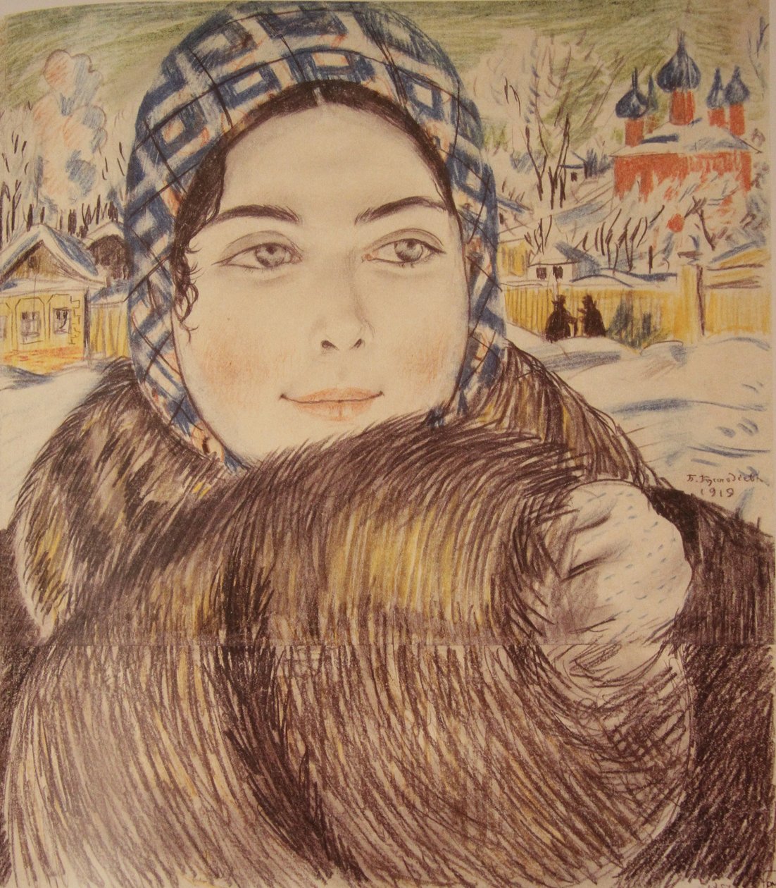 La moglie di un giovane mercante con una sciarpa a quadri, 1919 da Boris Mikhailovich Kustodiev