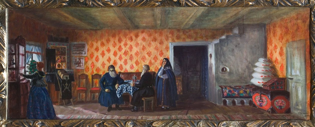 Decorazione preparatoria per la pièce teatrale "La morte di Pasukhin" di Mikhail Saltykov-Shchedrin da Boris Mikhailovich Kustodiev