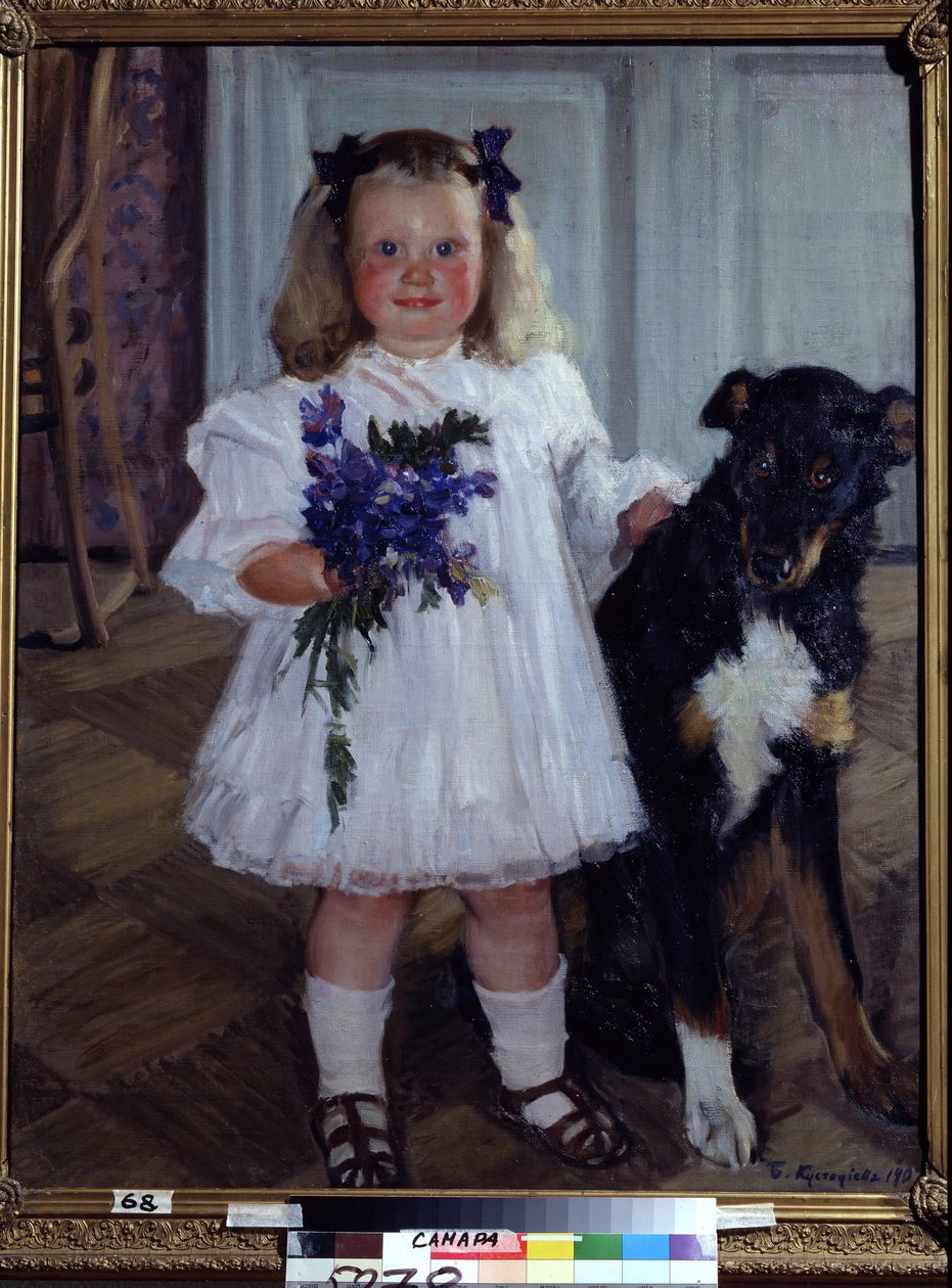Ritratto della figlia Irina con il cane Shumka da Boris Mikhailovich Kustodiev