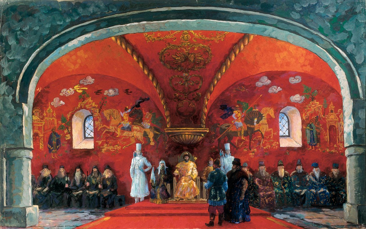 Rappresentazione di Boris Fyodorovich Godunov (1551-1605), Zar di Russia, Decorazione per il pezzo teatrale "Boris Godunov" di Alexander Sergeyevich Pushkin da Boris Mikhailovich Kustodiev