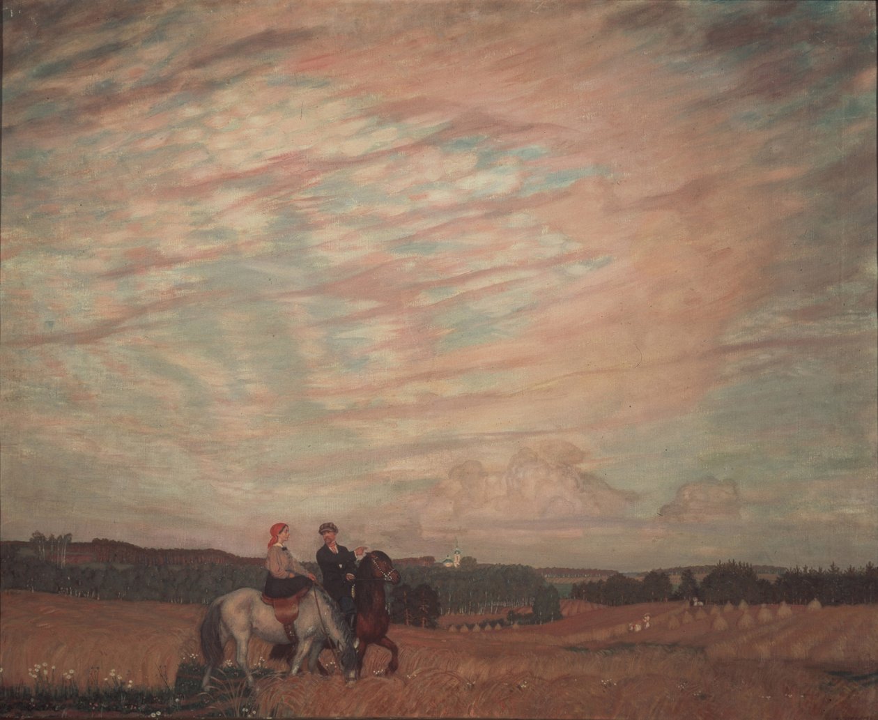 Autoritratto con la moglie a cavallo, 1915 da Boris Mikhailovich Kustodiev