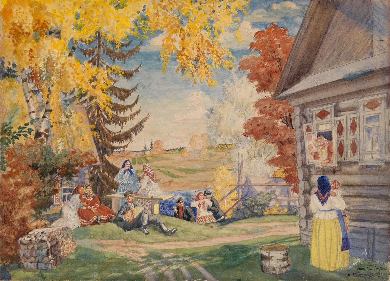 Scenografia per la commedia teatrale Donne contadine di Alexander Neverov, 1920 da Boris Mikhailovich Kustodiev