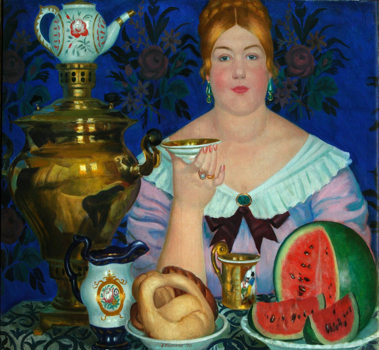 La moglie del mercante che beve tè, 1923 da Boris Mikhailovich Kustodiev