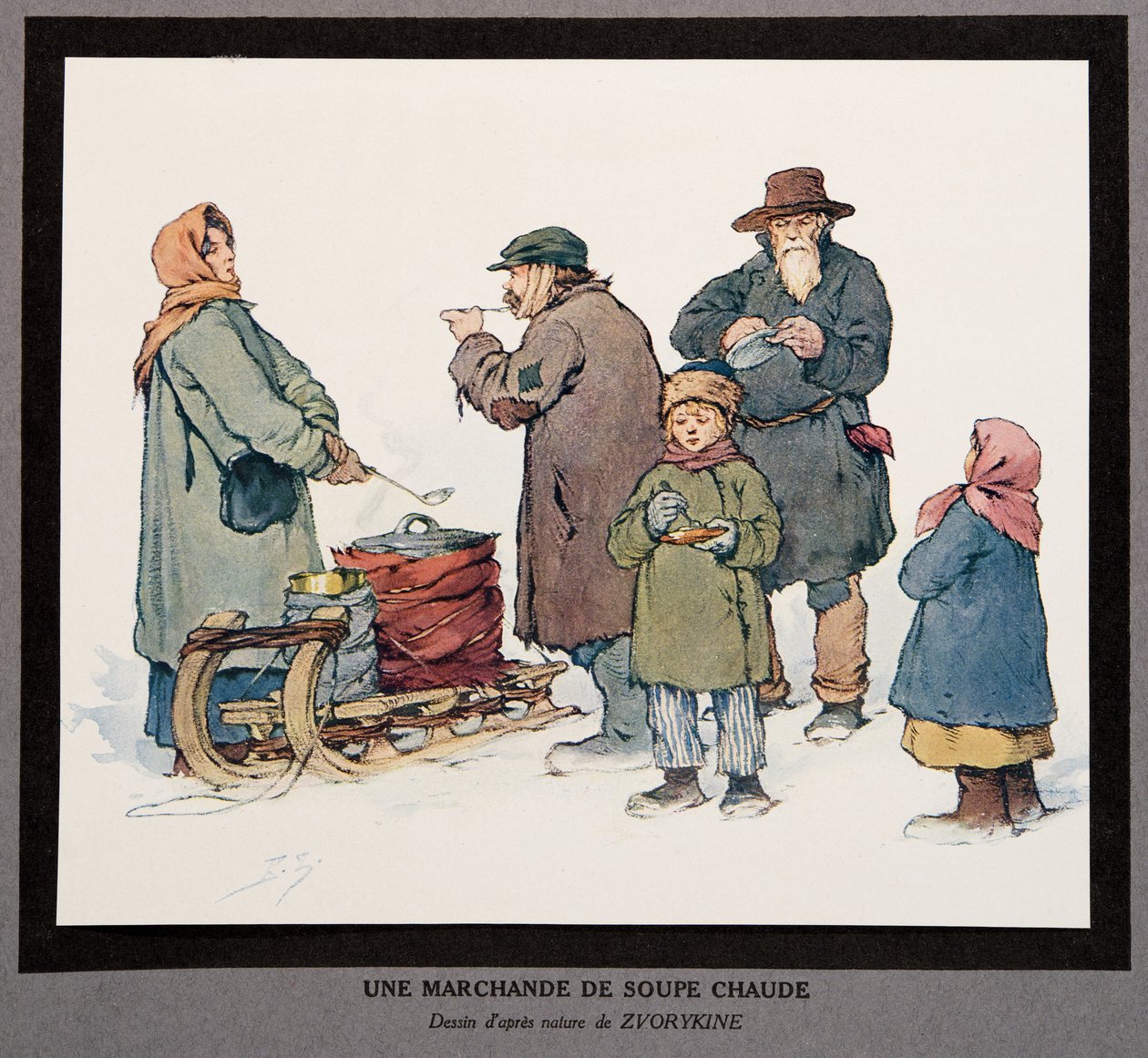 Un venditore di zuppa calda, da Histoire des Soviets, pub. 1922 da Boris Vasilievich Zvorykin