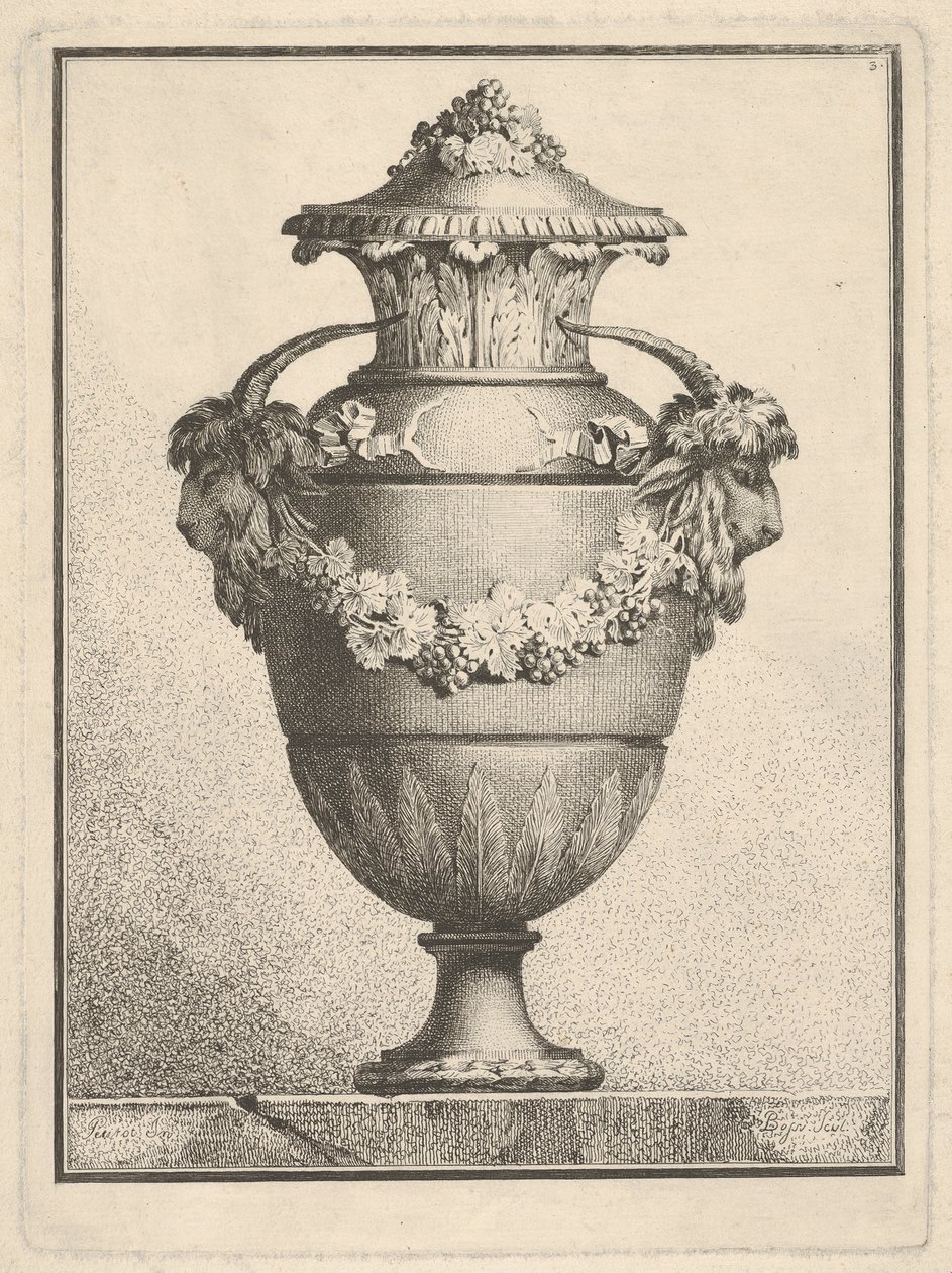 Progetto per un vaso coperto con due teste di capra e una ghirlanda, 1764 da Bossi