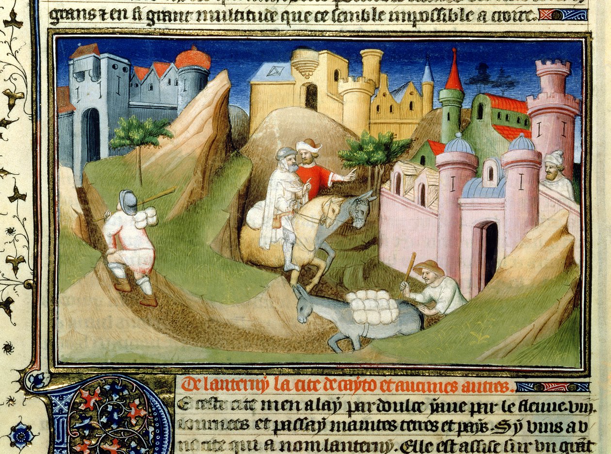 Ms Fr 2810 f.110v, Viaggiatori fuori Pechino con Odorico da Pordenone, dal 
