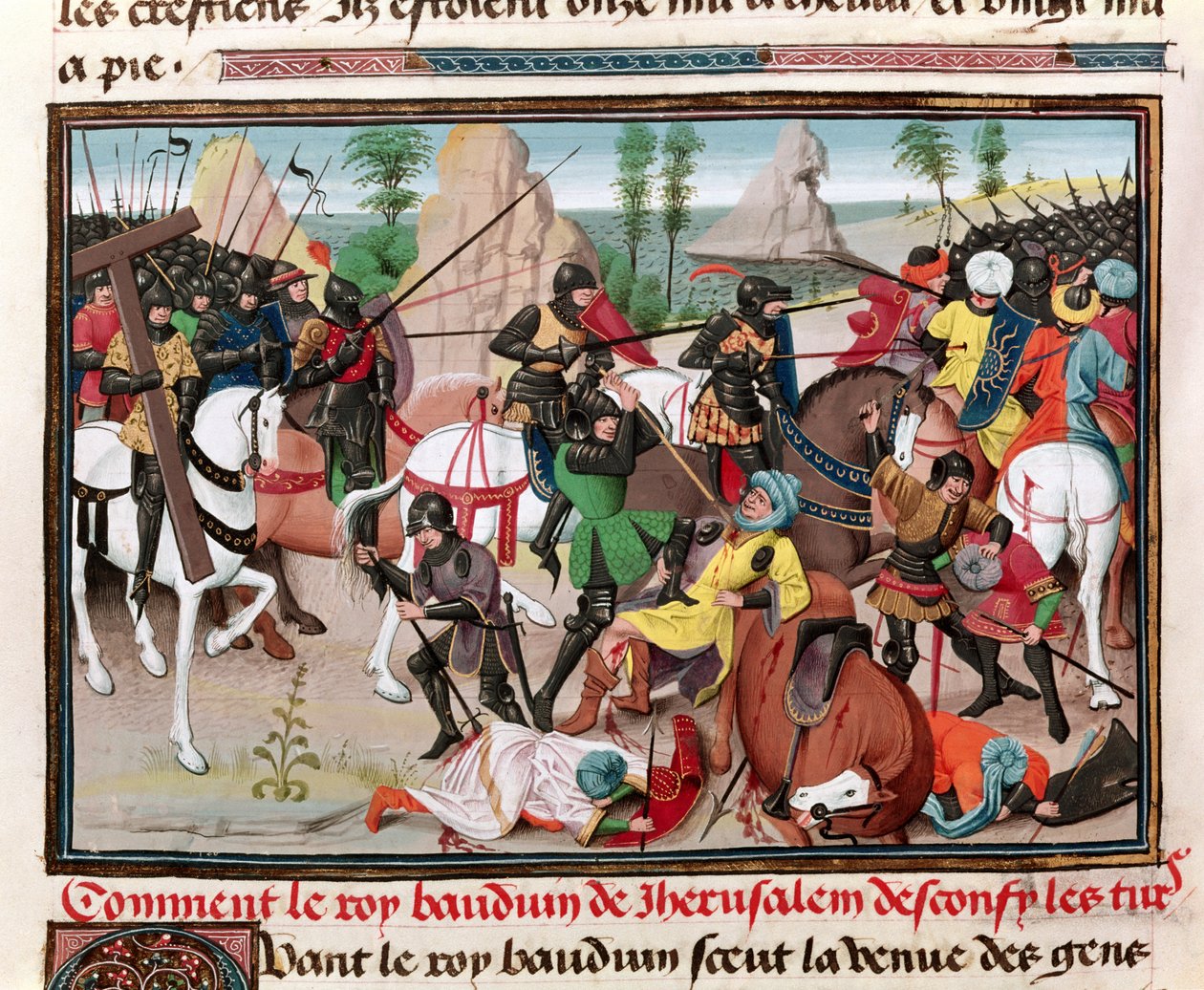 La battaglia tra il re Baldovino I e i Turchi, da Chroniques des empereurs di David Aubert, 1462 da Brabant School