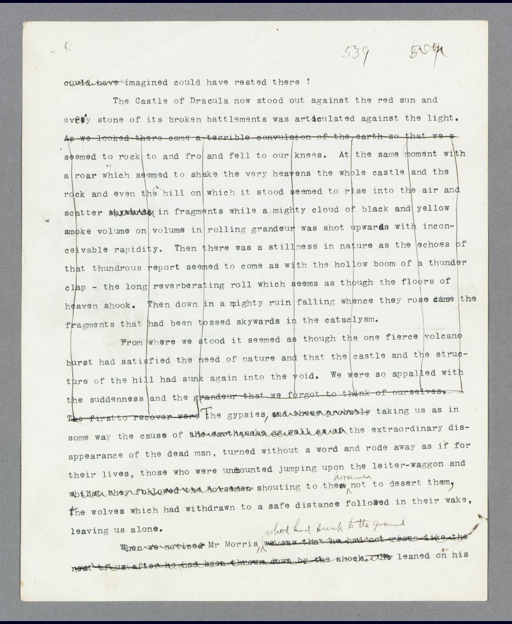 Pagina 539, Capitolo 27, Il passaggio cancellato che descrive la distruzione del castello di Dracula, dal manoscritto originale dattiloscritto di Bram Stoker 