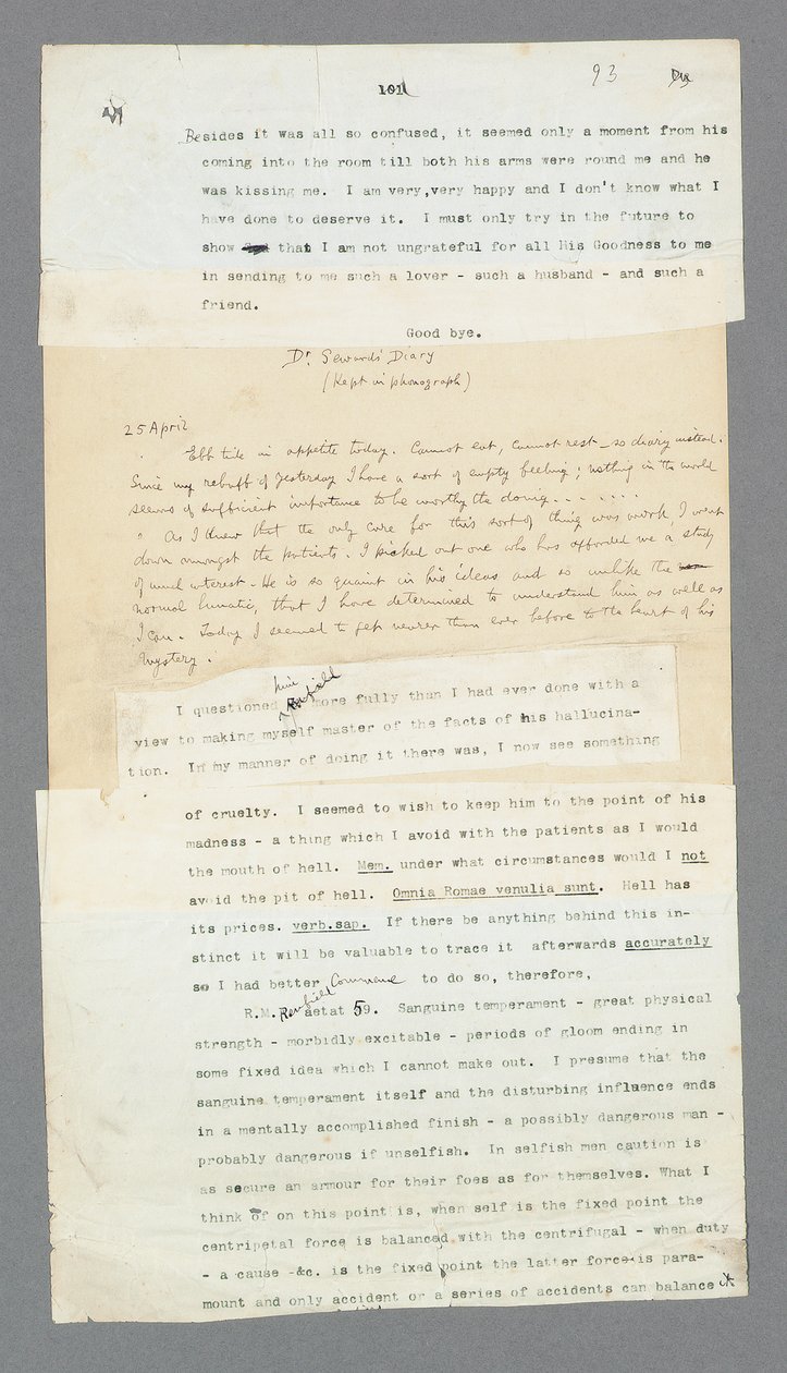 Pagina 93, Capitolo 5, Parte del diario fonografico del Dr. Seward che descrive il suo paziente, Renfield, dal manoscritto originale di 