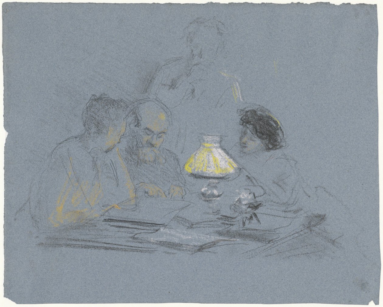 A. Grandmont e tre figure, che leggono alla luce della lampada da Bramine Hubrecht