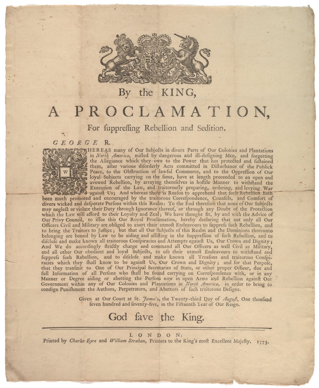 Una proclamazione per sopprimere la ribellione..., 23 agosto 1775 da British School