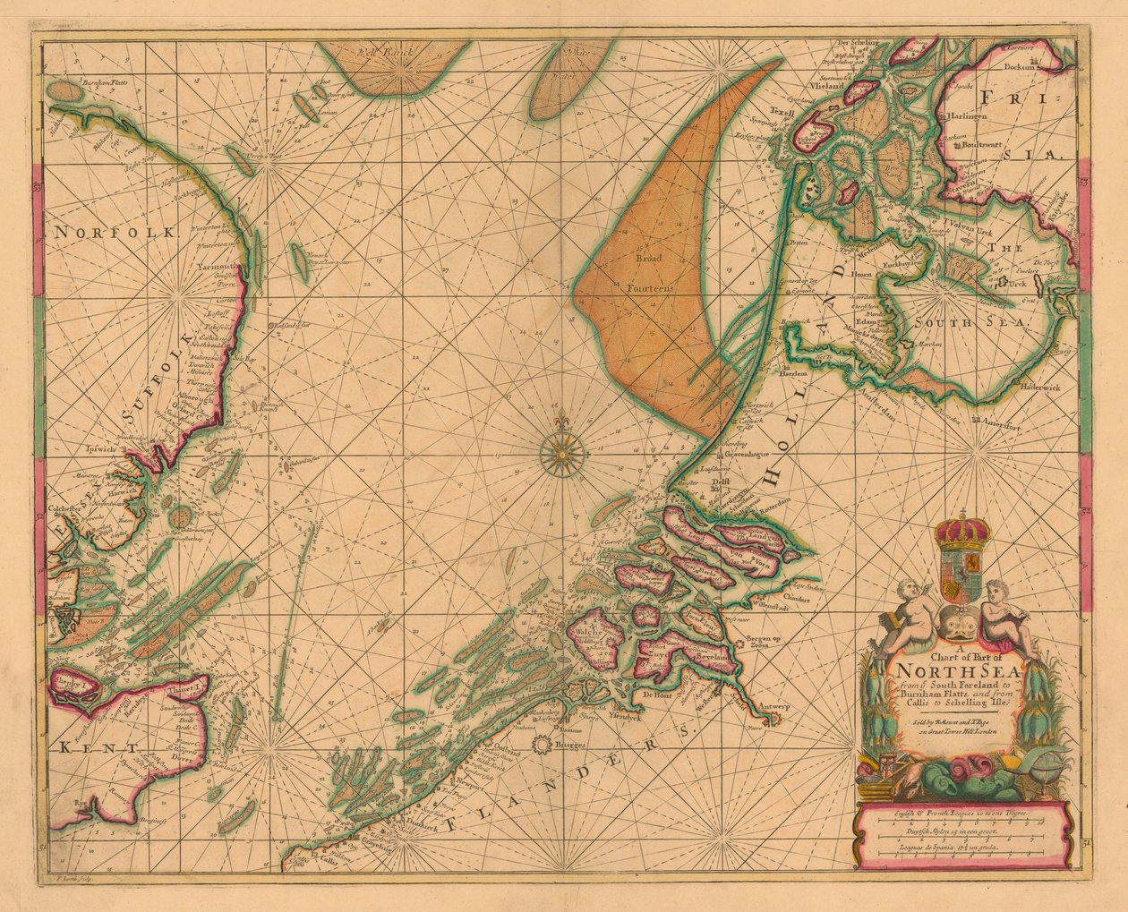 Carta del Mare del Nord da South Foreland a Burnham Flatts, e da Callis a Schelling Isle, c.1700 da British School