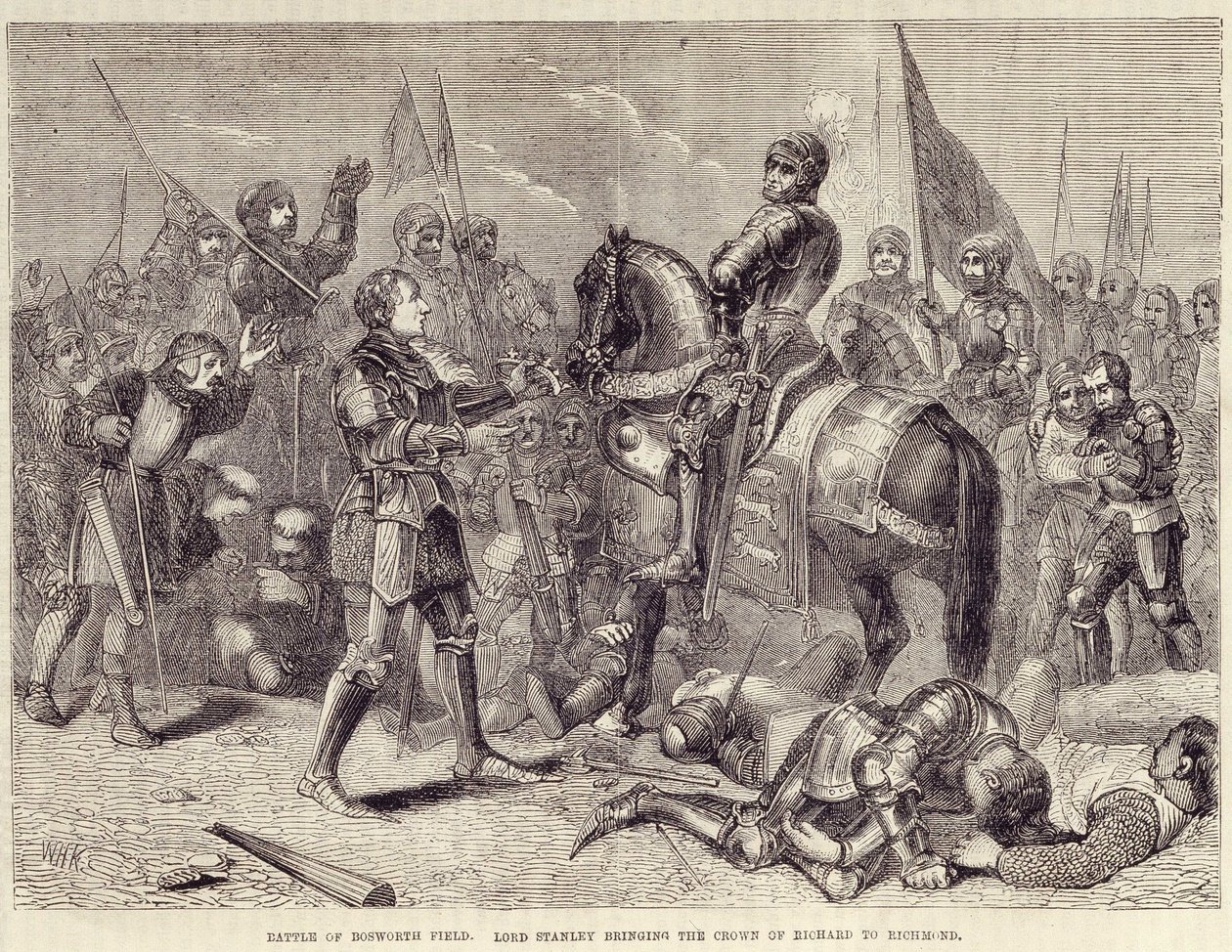 Battaglia di Bosworth. Lord Stanley porta la corona di Riccardo III a Richmond (1485): fine della Guerra delle Due Rose - in Storia illustrata d