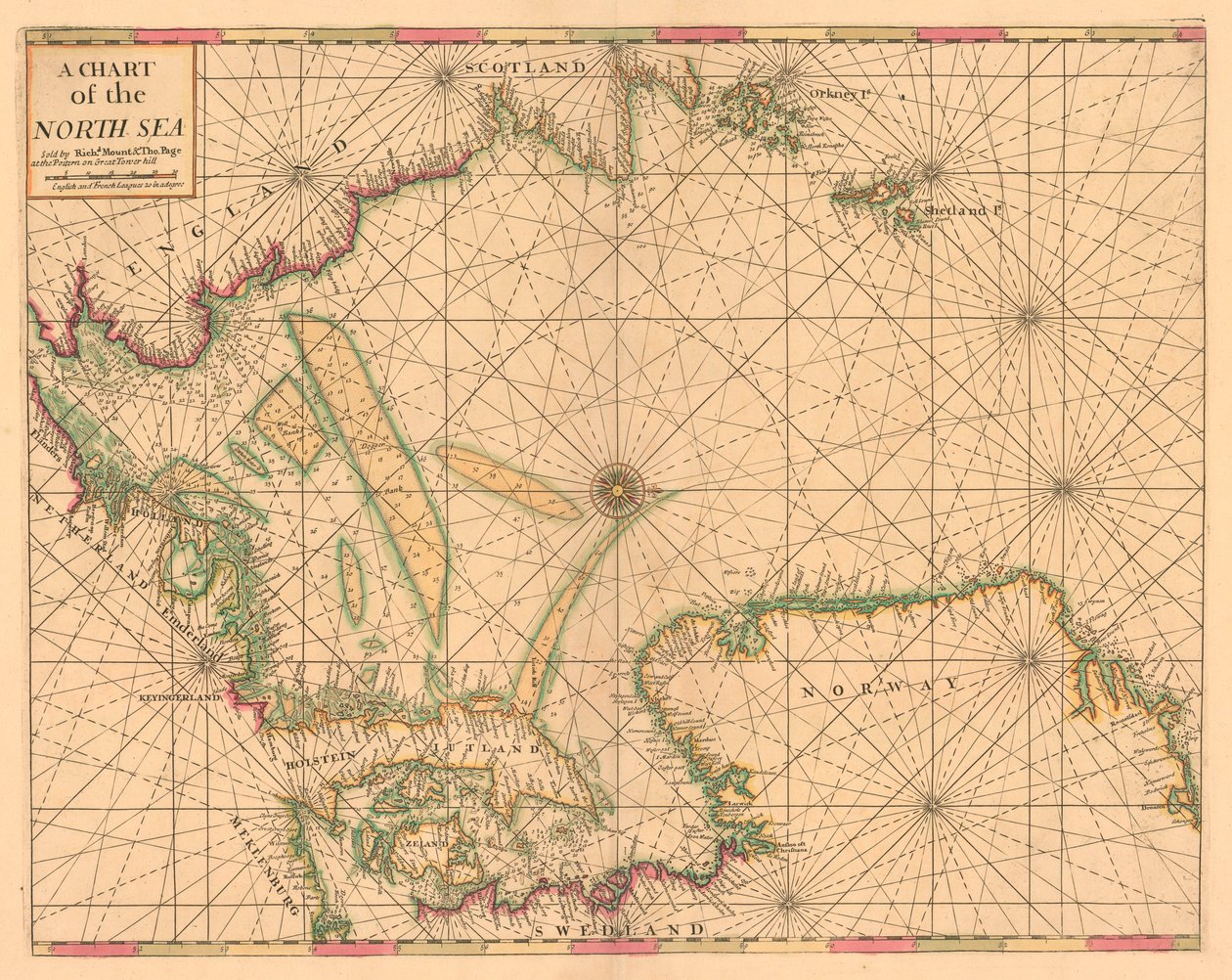 Carta del Mare del Nord: Norvegia fino allo Stretto di Dover, c.1700 (incisione colorata) da British School