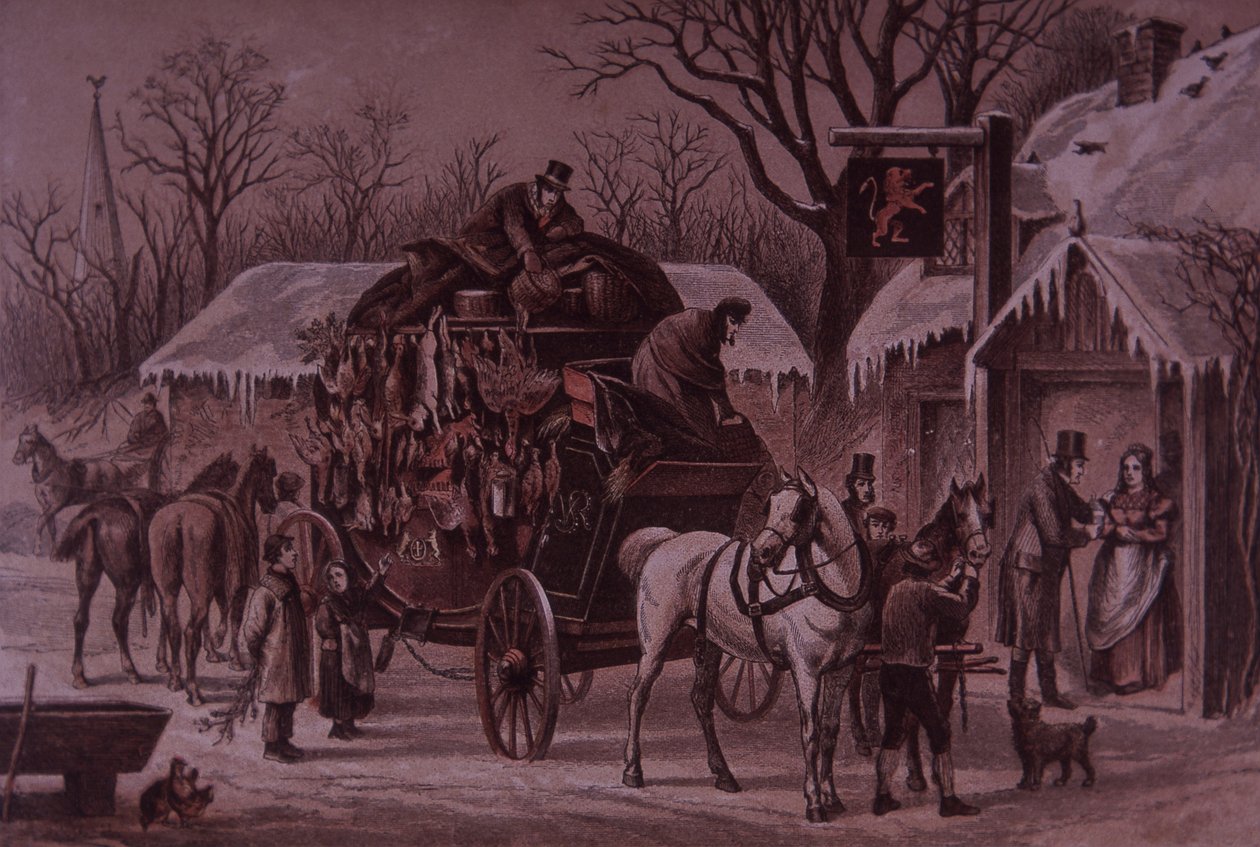 Natale sulla strada, carrozza carica di selvaggina festiva da British School