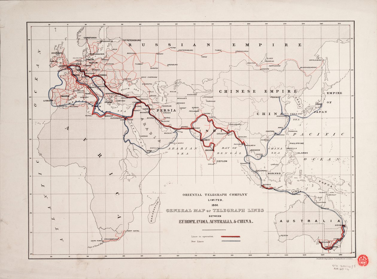 Mappa generale delle linee telegrafiche tra Europa, India, Australia e Cina da British School