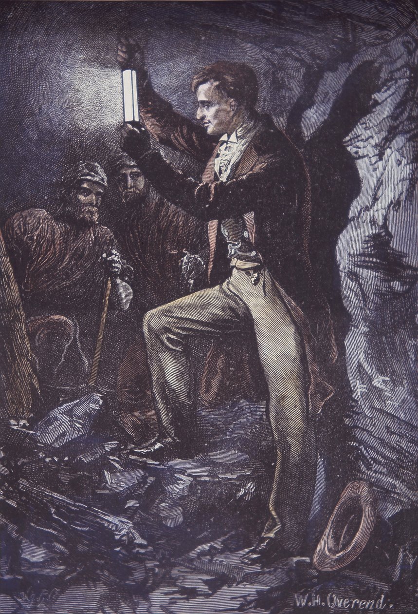 Humphry Davy con la lampada di sicurezza Davy per minatori, inventata nel 1815 (incisione su legno colorata a mano) da British School