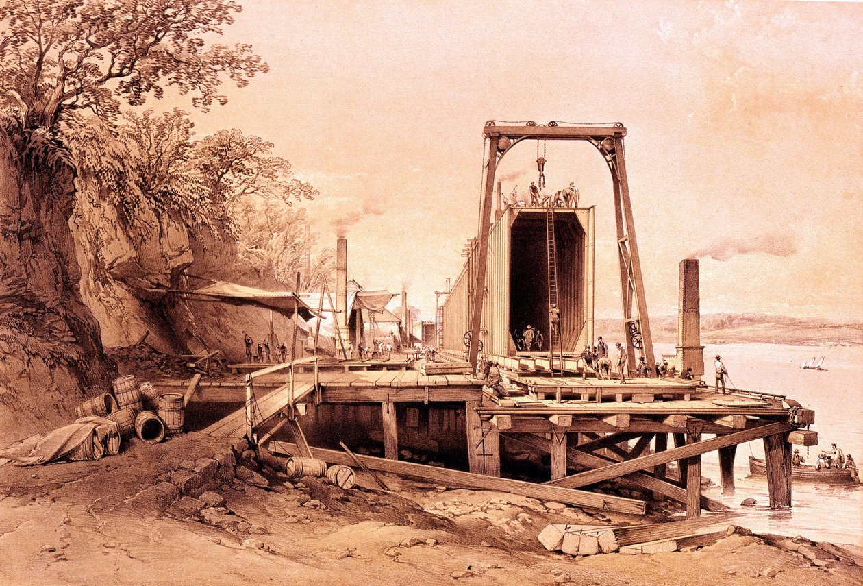 Rivoluzione industriale: installazione di un ponte prefabbricato. Incisione da 