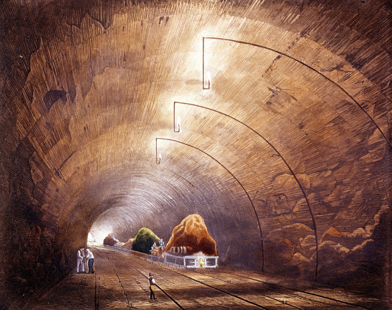 Rivoluzione industriale: tunnel ferroviario sulla linea Manchester - Liverpool. Tavola tratta da 