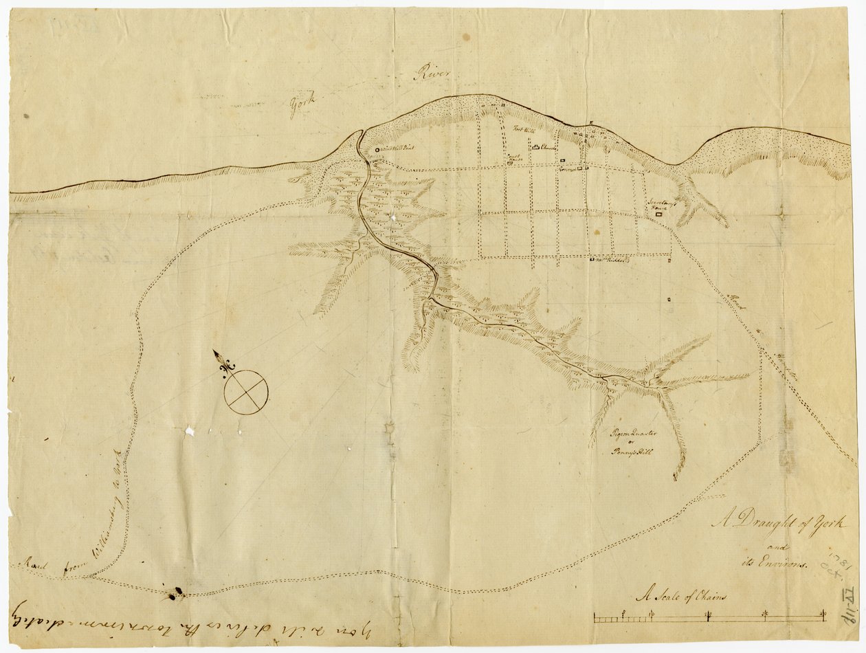 Mappa di Yorktown, Virginia, ottobre 1781 da British School