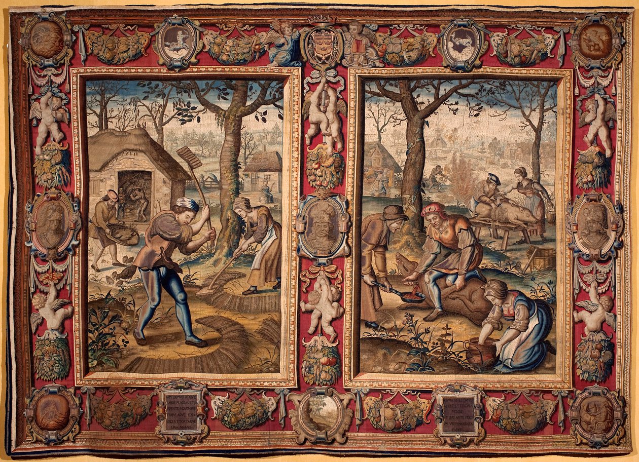 Novembre e dicembre: lavori agricoli e macellazione del maiale. Arazzo delle manifatture di Mortlake. XVII secolo, Genova, Musei di Strada Nuova da British School