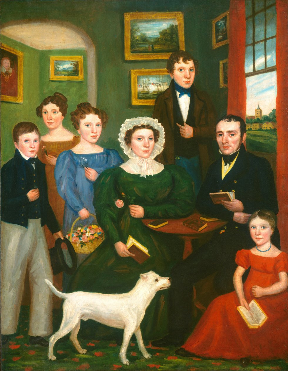 Ritratto di famiglia sconosciuta con terrier, 1825-1835 circa (olio su tela) da British School