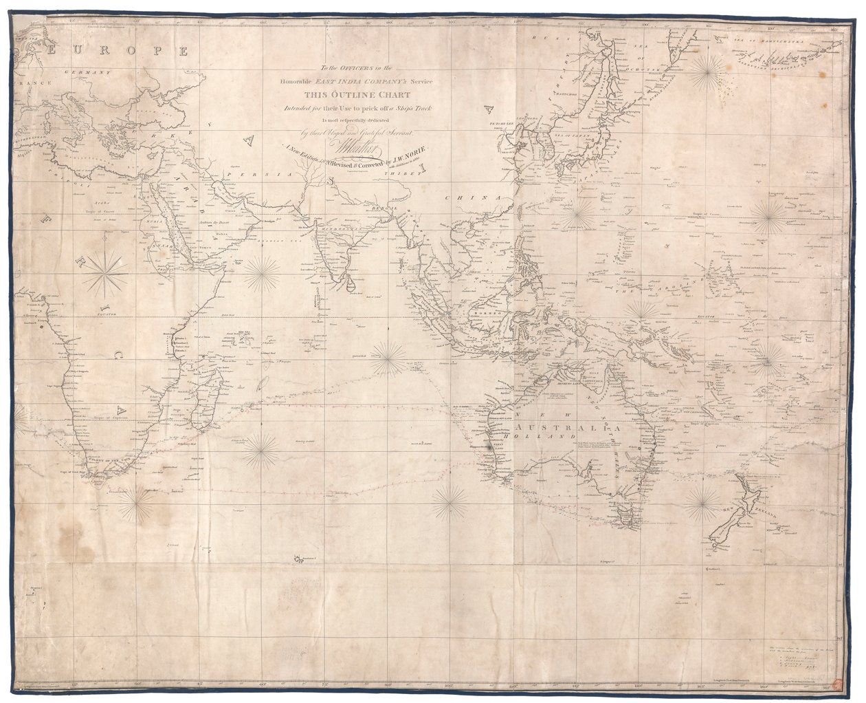 Agli ufficiali del servizio della Compagnia delle Indie Orientali questa carta di contorno destinata al loro uso per tracciare la rotta di una nave è rispettosamente dedicata da W. Heather Una nuova edizione 1830 rivista e corretta da J. W. Norie da British School
