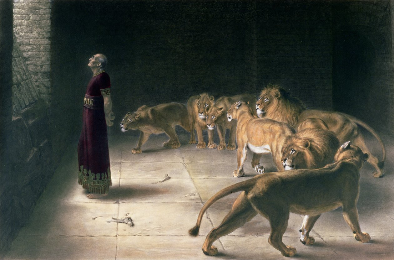 Daniele nella Fossa dei Leoni, mezzotinto di J. B. Pratt, con colorazione a mano, pub. da Thomas Agnew and Sons, 1892 da Briton Riviere