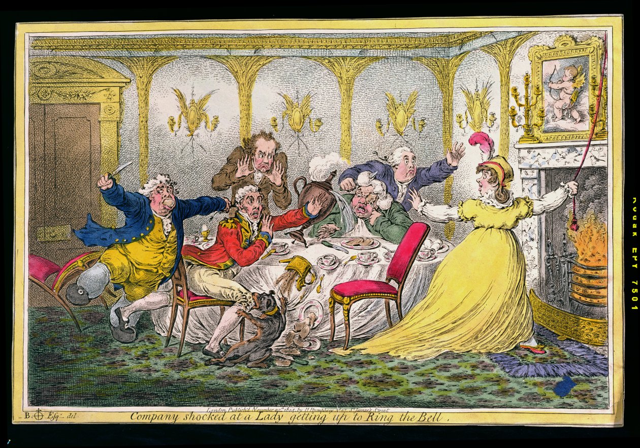 Compagnia scioccata da una signora che si alza per suonare il campanello, inciso da James Gillray, pubblicato da Hannah Humphrey nel 1804 da Brownlow North