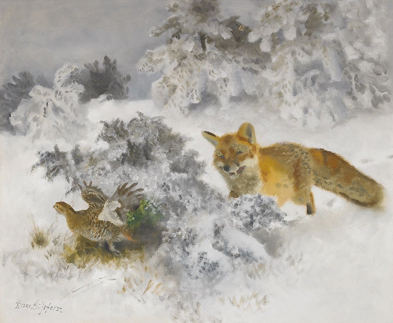 Volpe e gallina di gallo cedrone in paesaggio invernale da Bruno Andreas Liljefors