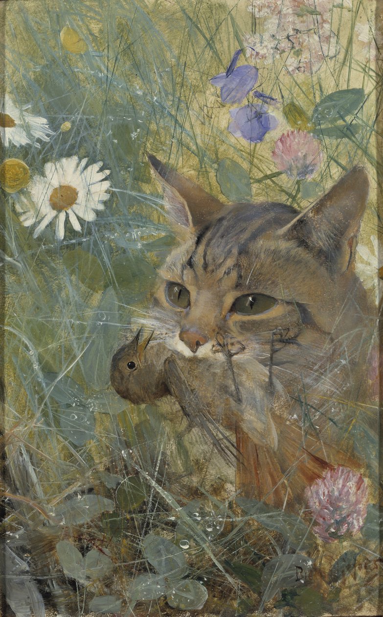 Un gatto con un giovane uccello in bocca, 1885 da Bruno Andreas Liljefors